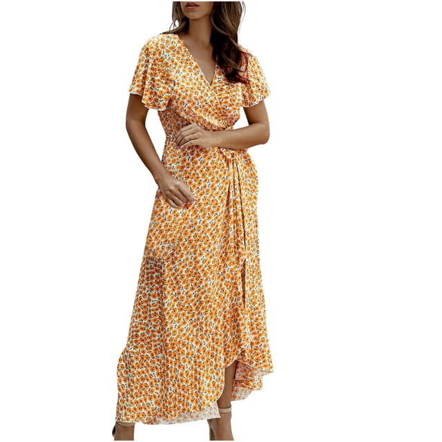 SMihono Robe d'Été pour Femmes Grande Taille Été Femmes Aguichant à Col en V Imprimée Dames à Manches Courtes Robe de Plage Décontractée