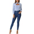 thumbnail image 2 of INSPIRE CHIC Women Houndstooth Print Choker Neck Puff Long Sleeve Elegant Casual Blouse Top L Light Blue, 2 of 6