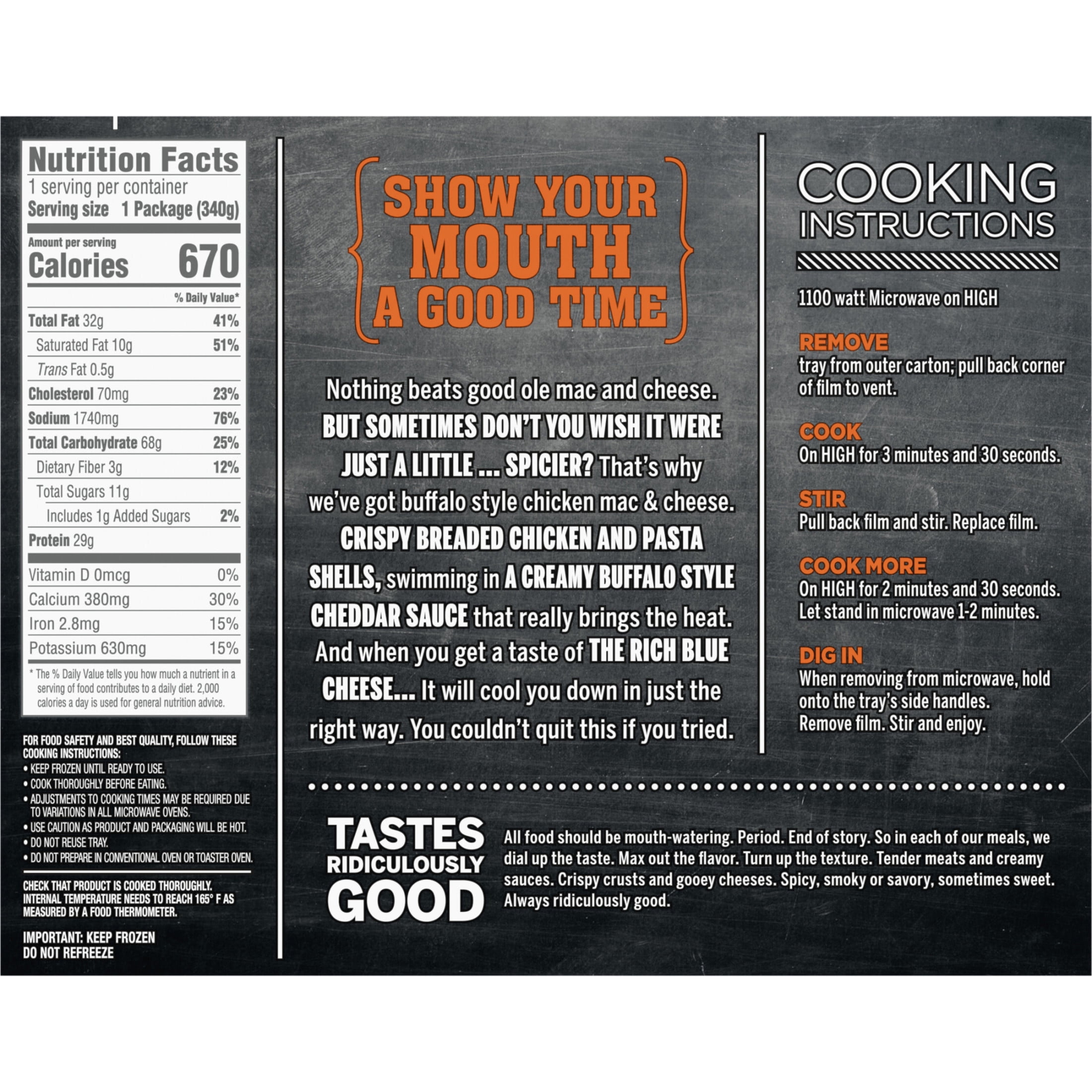 DEVOUR Buffalo Style Chicken Mac & Cheese with Buffalo Cheddar Cheese Sauce & Blue Cheese Frozen Meal, 12 oz Box