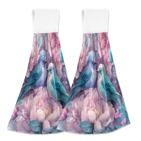 BZSMCE Hanging Hand Towels Fashion Birds Flowers Butterflies Pattern 2-Pack - Velcro Style Bathroom Kitchen Towels