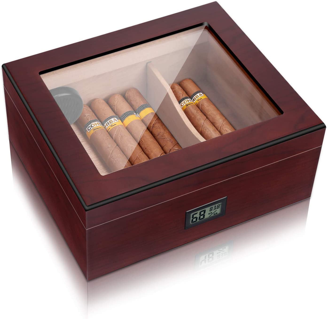 Spanish Cedar Wood Cigar Humidor Box with Digital Hygrometer and Humidifiers #0092-1