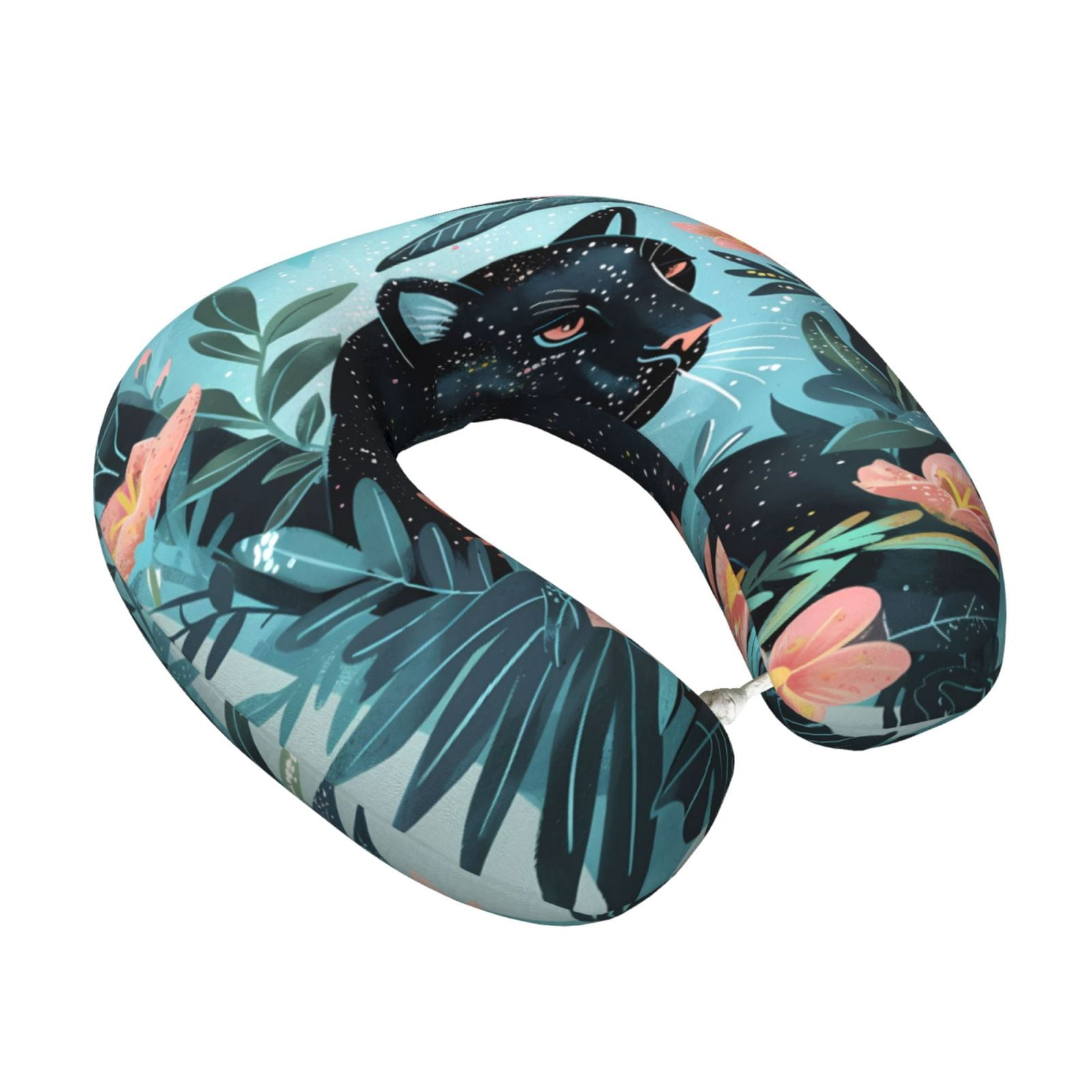 Xecao Black Panther Floral Illustration Print Memory Foam Cervical Neck Pillow Versatile U-Shaped Pillows for Home,Office,Camping,Travelling,Soft Washable Cover