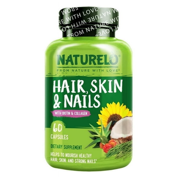 NATURELO Hair, Skin and Nails Vitamins - 5000 mcg Biotin, Collagen, Natural Vitamin E - Supplement for Healthy Skin, Hair Growth for Women and Men – 60 Capsules