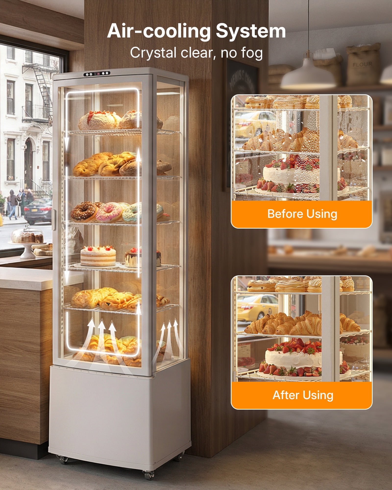 Upstreman Commercial Refrigerator Display Case, 10 Cu.Ft/280 L Pastry Display Case with Wheel and LED Lighting, 6-Tier Upright Commercial Cake Display Refrigerator Cooler, ‎CD100