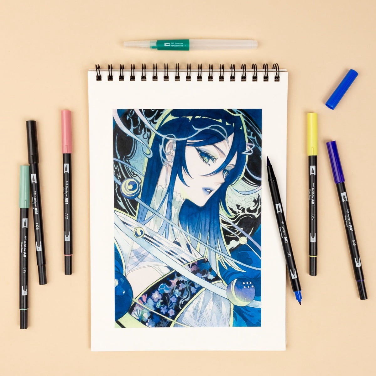 Tombow Dual Brush Pens Set - Manga Collection - 12 Colors - Moon, Wind - Includes Limited Edition Coloring Sheets and Water Brush - Art Marker