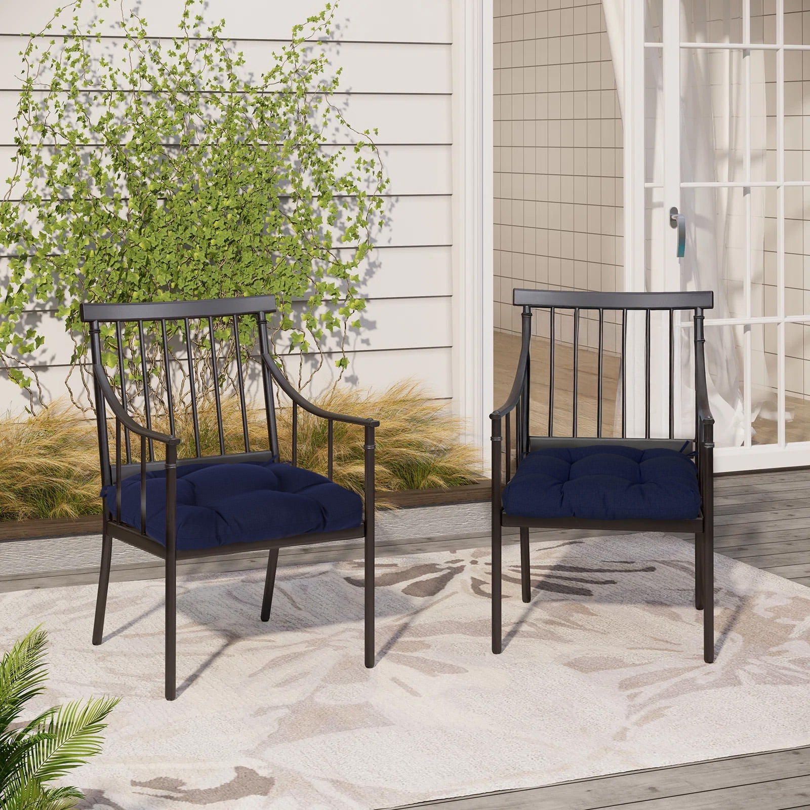Aoodor 19x19x5 Inch Tufted Outdoor Chair Cushions, Water and Fade Resistant Polyester Dining Chair Pads with Ties for Patio Furniture, Set of 2, Dark Blue
