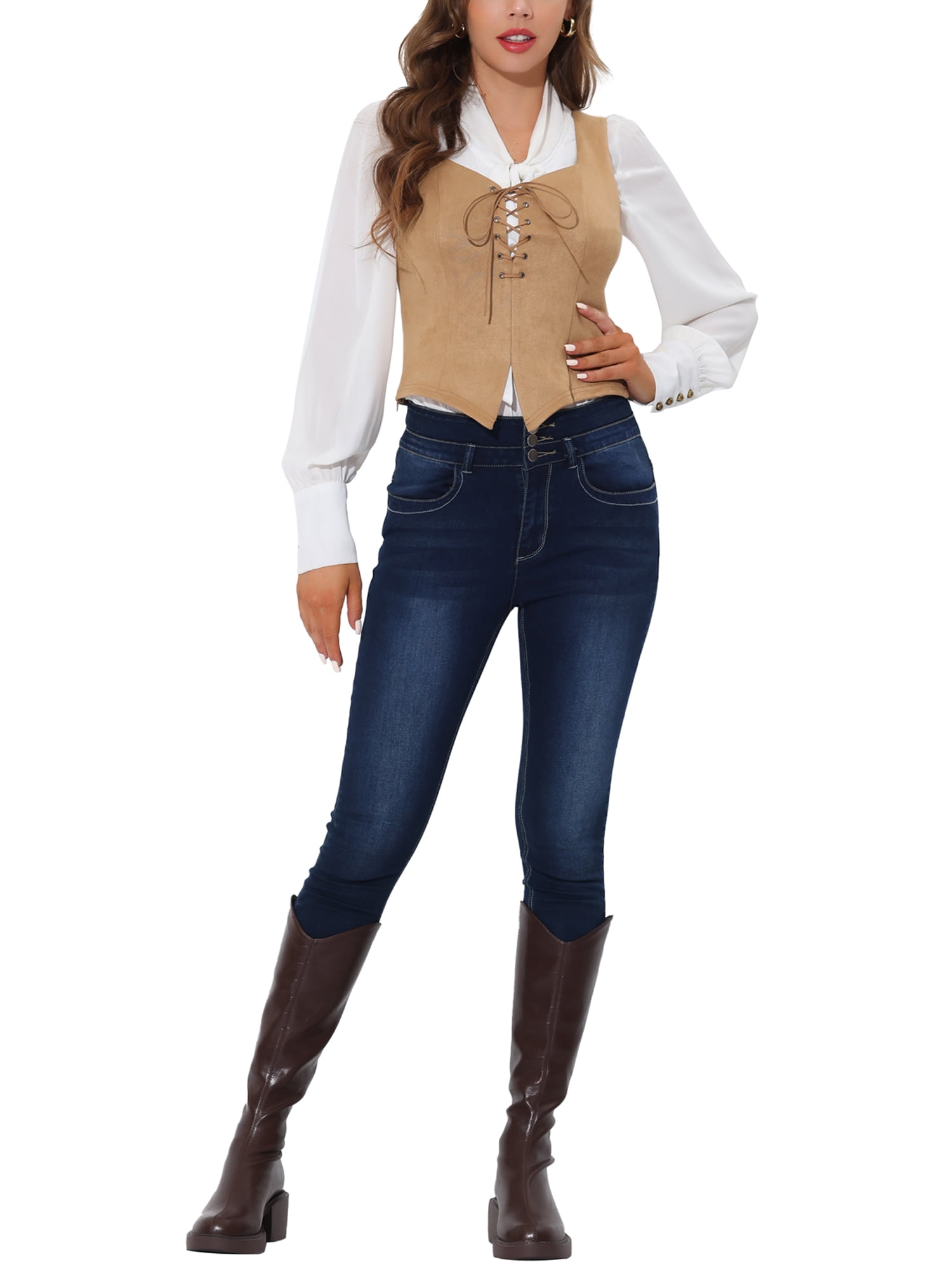 Unique Bargains Women's Faux Suede Vest Lace Up Party Sleeveless Jacket