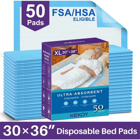 KEKOY Bed Pads for Incontinence Disposable 30 x 36", FSA/HSA 3x Super Absorbent Disposable Underpads, Anti Slip Backing Adult Pee Pads for Bed, 50 Count