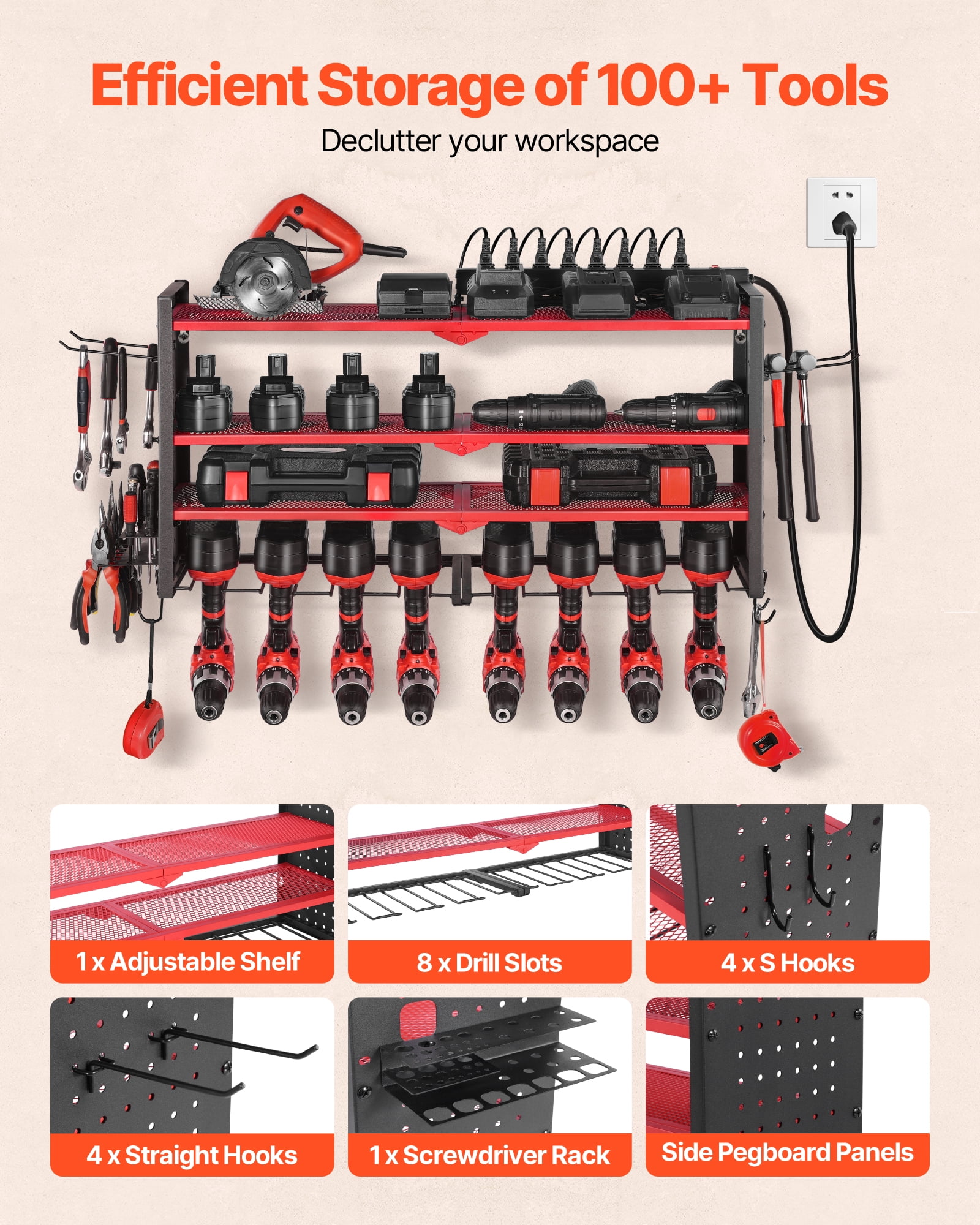 VEVOR Power Tool Organizer with Charging Station, 4-Layer Drill Storage Rack with 8 Drill Holders & Side Pegboard, Garage Tool Organizer Built in 8 Outlet Power Strips for Garage,Workbench,Workshop