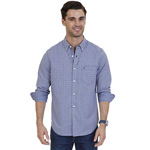 Nautica Men's Classic Fit Stretch Gingham Long Sleeve Button Down Shirt, j  Navy, Small 