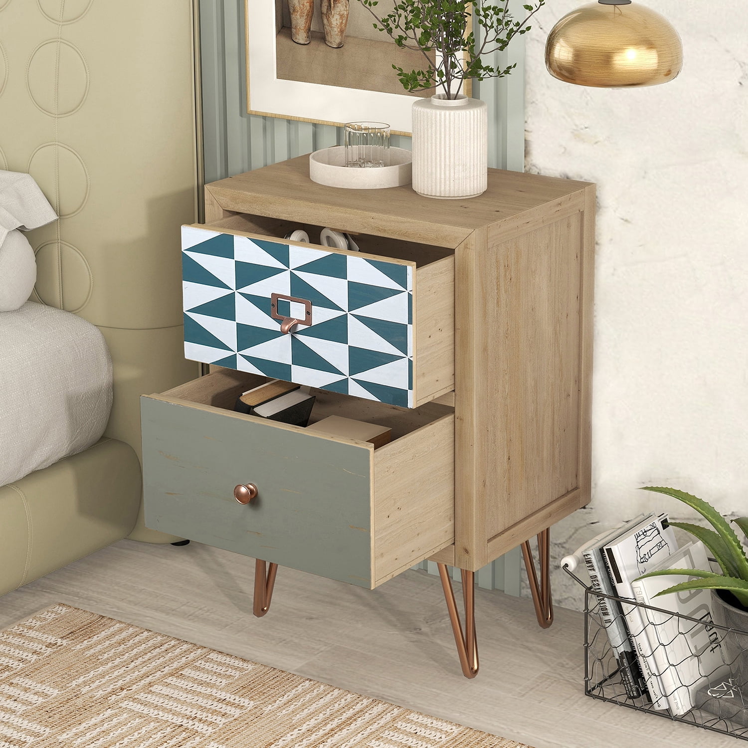 Kadyn 2 Drawers Wooden Nightstand, Modern Style Bedside Table with Metal Feet, Storage Sofa Side Table for Living Room and Bedroom, Natural Kadyn 2 Drawers Wooden Nightstand, Modern Style Bedside Table with Metal Feet, Storage Sofa Side Table for Living Room and Bedroom, Natural
