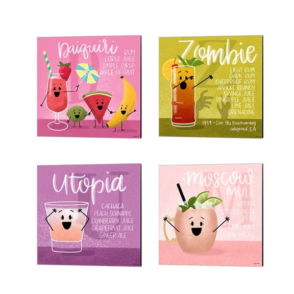 Great Art Now Daiquiri, Moscow Mule, Utopia & Zombie by Kyra Brown 4 Piece Canvas Art Set Each 14"W x 14"H