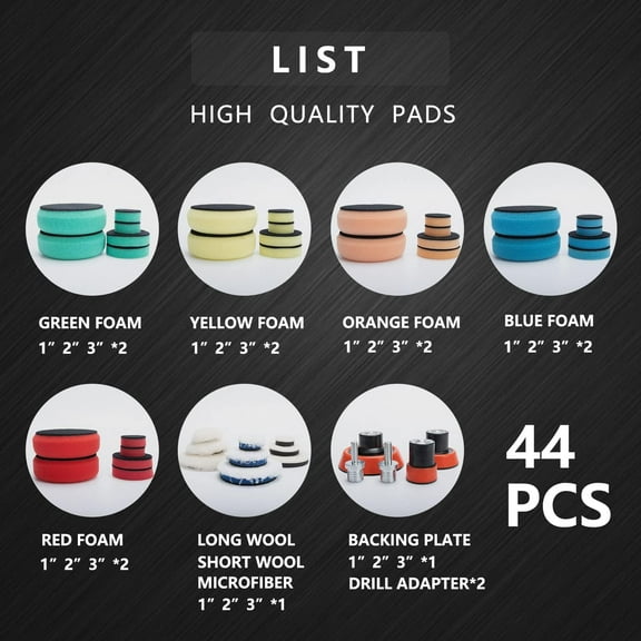 Car Foam Drill Polishing Pad Kit, 44Pcs 1inch 2inch 3inch Detail Buffing Pad with Adapters for Buffer Polisher