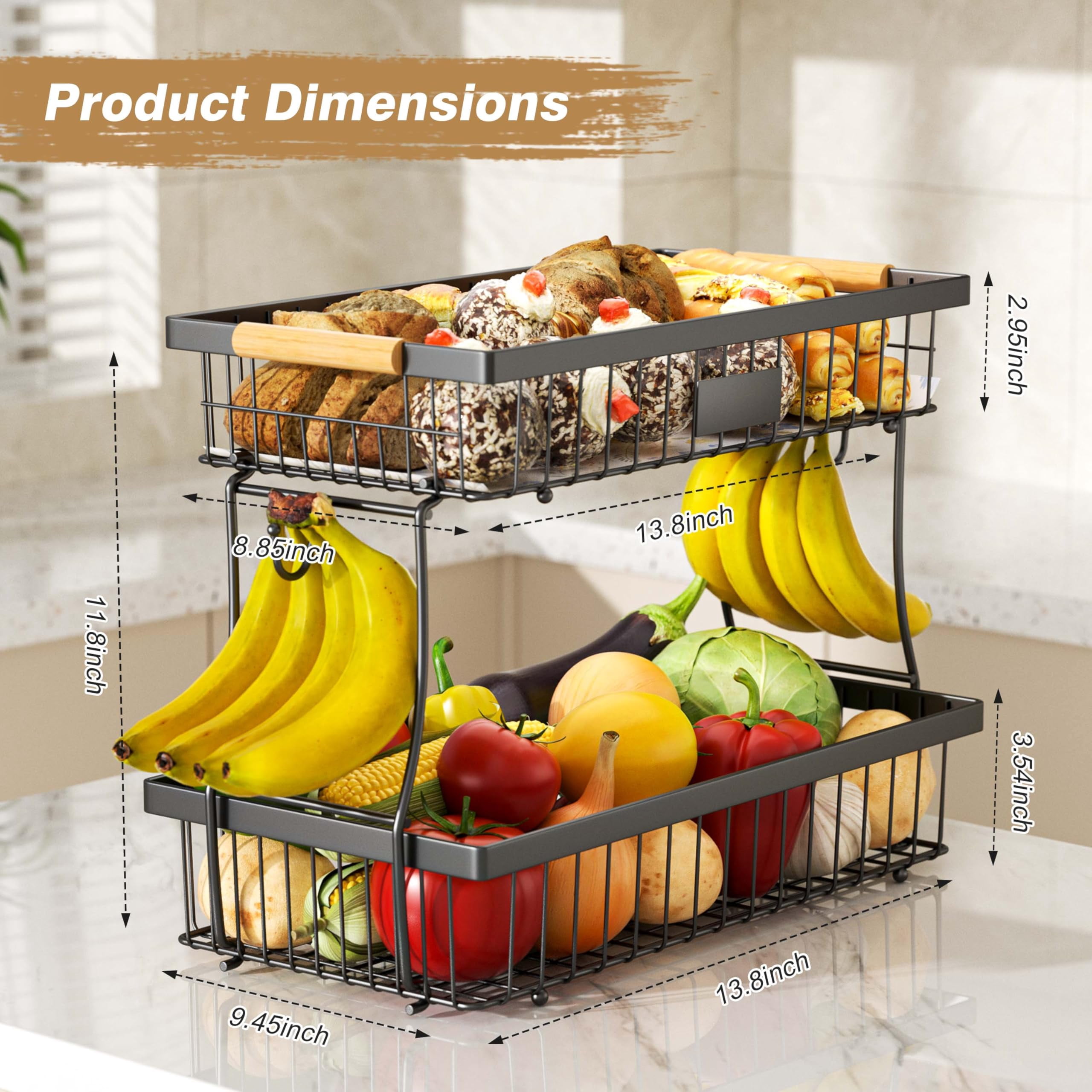USIONE 2-Tier Detachable Metal Fruit Basket - Wooden Handle & 2 Banana Hangers, Extra Large for Kitchen Counter - Black