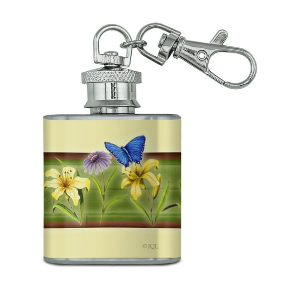 Butterfly in A Row of Flowers Stainless Steel 1oz Mini Flask Key Chain