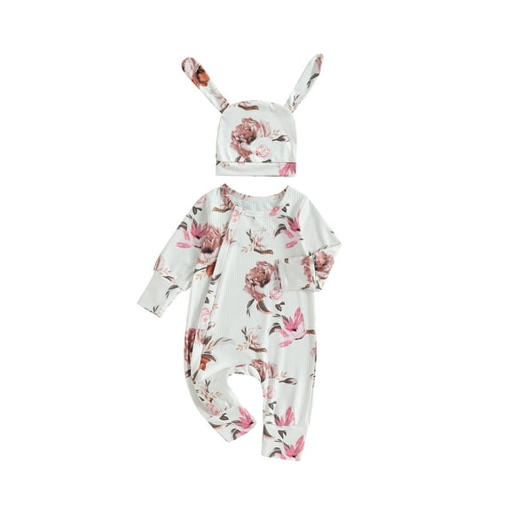 Bagilaanoe Newborn Baby Girl Jumpsuit Floral Print Long Sleeve Bodysuit   Headband 3M 6M 12M 18M Infant Zipper One Piece Romper