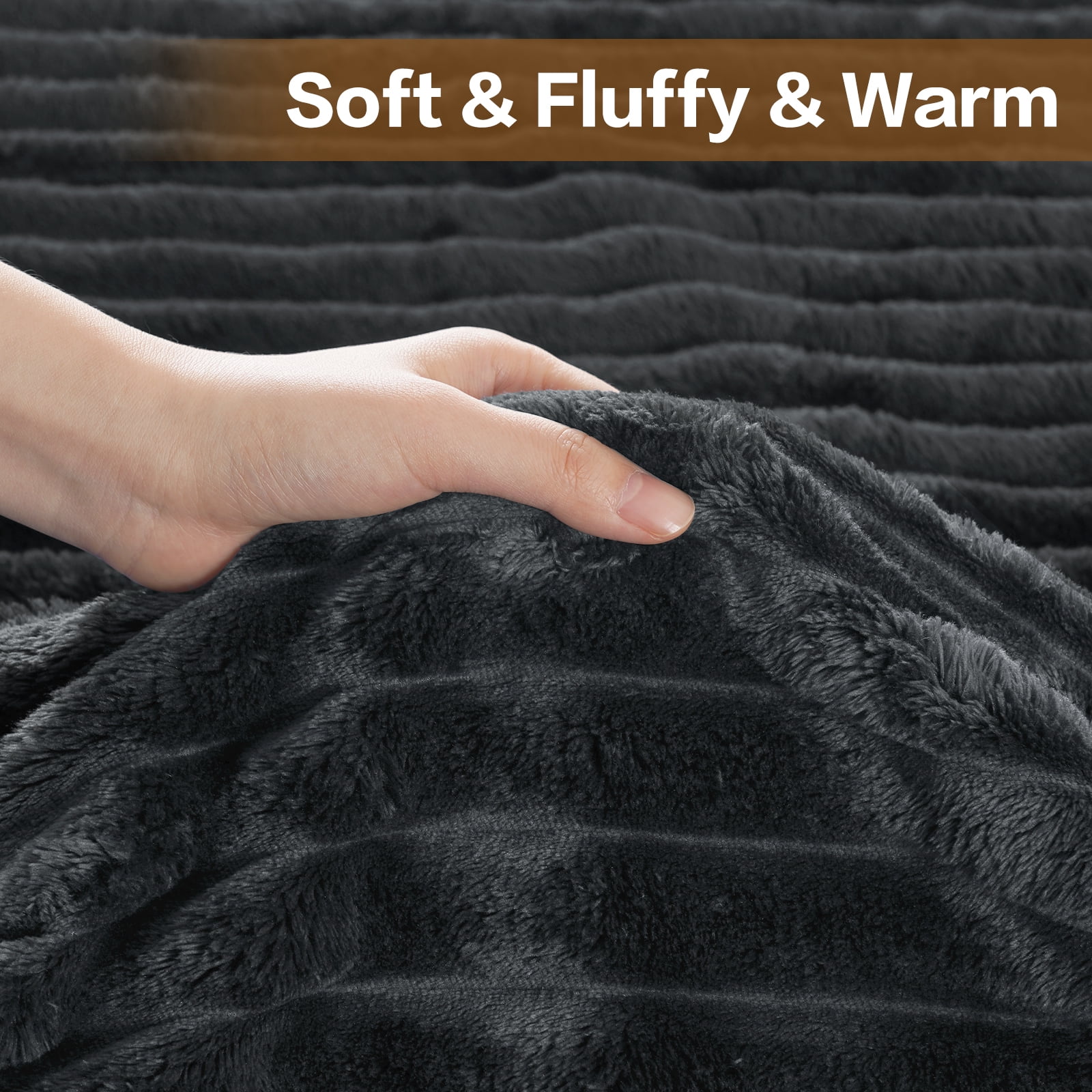 EMONIA Dark Gray Queen Fleece Blanket for Bed, 320GSM Super Soft Cozy Blankets and Throws, Decorative Throw Blankets for Women Men Gifts, Throws with Stripes for Sofa Bed Decor, 90''x90''