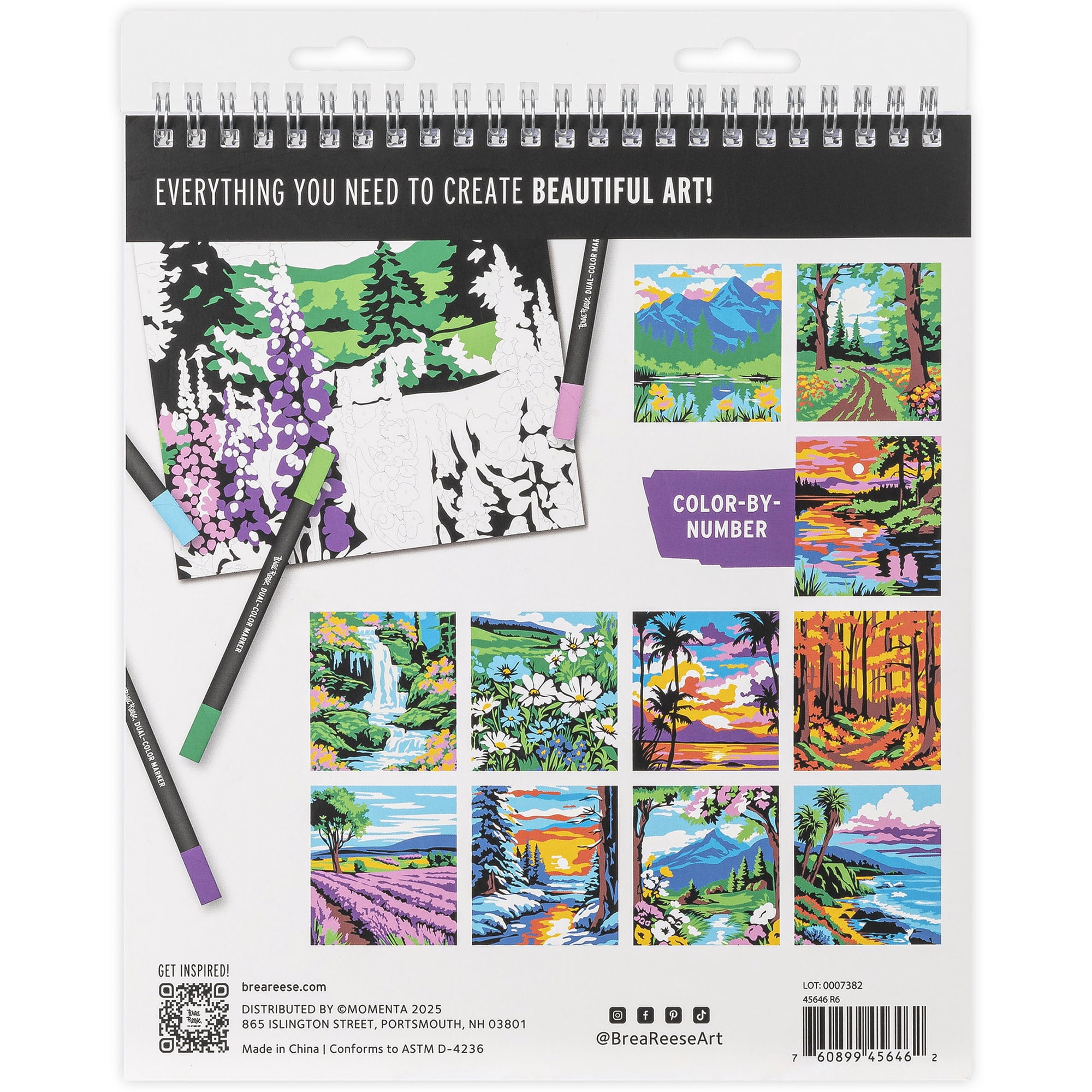 Brea Reese: Marker Color-by-Number Kit - Mountain Landscapes - 5 Dual-Tip Markers, 12 Designs, Guided Art, 8.5 x 9.75" Pages, Adult Spiral Art Pad