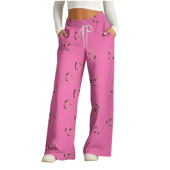 USNSM Women's Sweatpants High Waisted Baggy Wide Leg Sweatpants Love Heart Print Drawstring Athletic Joggers Pants Pink S