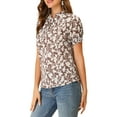 thumbnail image 4 of Blusa floral de manga corta con cuello atado y volantes para mujer Inspire Chic, color marrón, talla XS, 4 of 7
