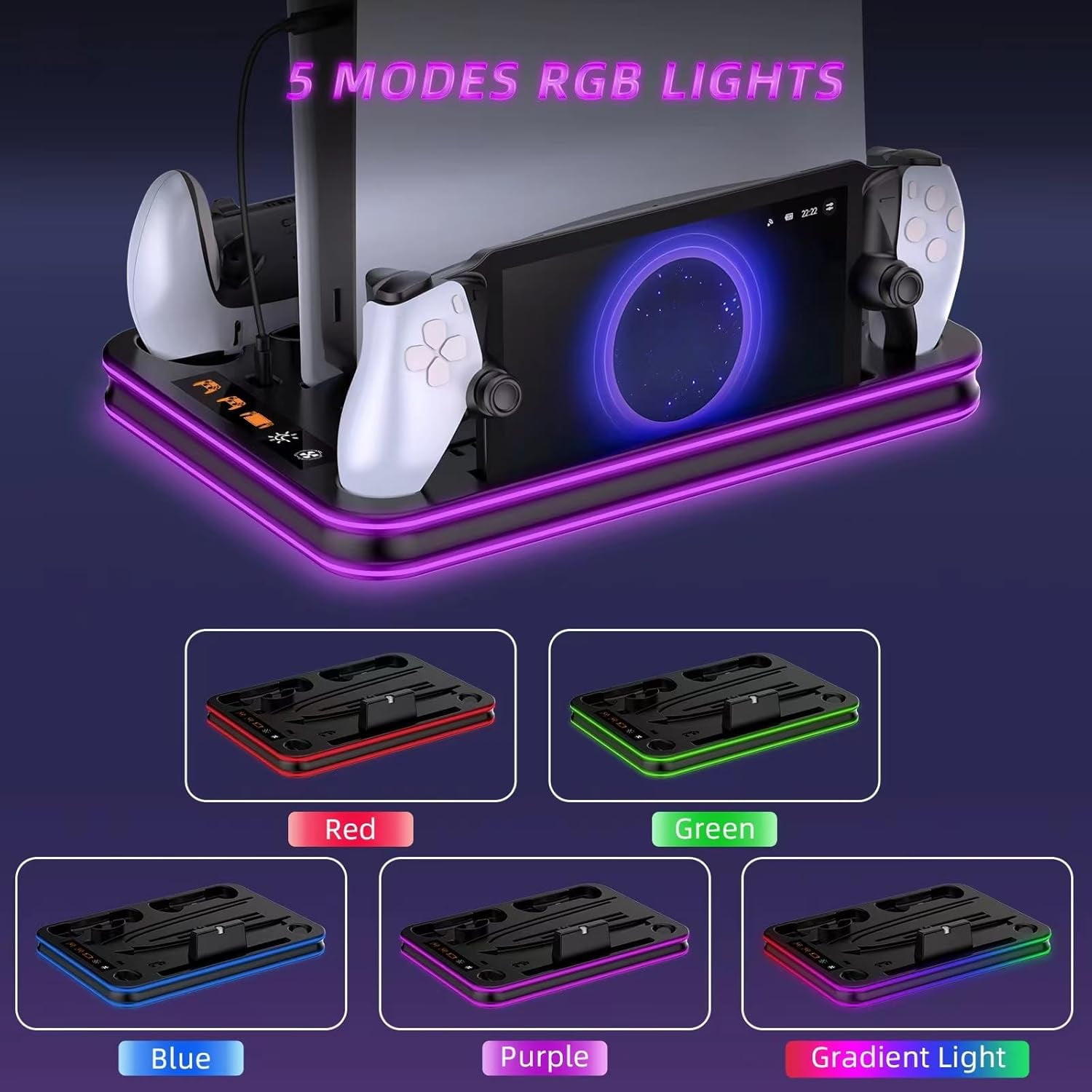 Uberwith for PlayStation Portal Charger, for PS5 Stand and Cooling Station with RGB LED Controller Charging Dock Accessories, for PS5 Edge Controller and PS Portal Charger, Headset and Remote Holders