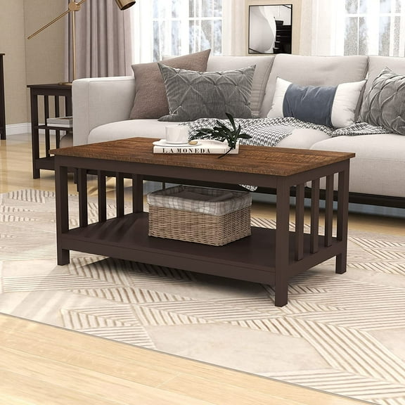 MY Farmhouse Coffee Table, Espresso Living Room Table with Shelf, 40 Inch