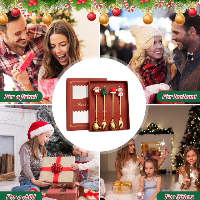 Juego De Cubiertos De Navidad Batería de Cocina Árbol de Navidad Tenedor Cuchara Set Postre de dibujos animados Vajilla Caja de regalo (Estilo K)