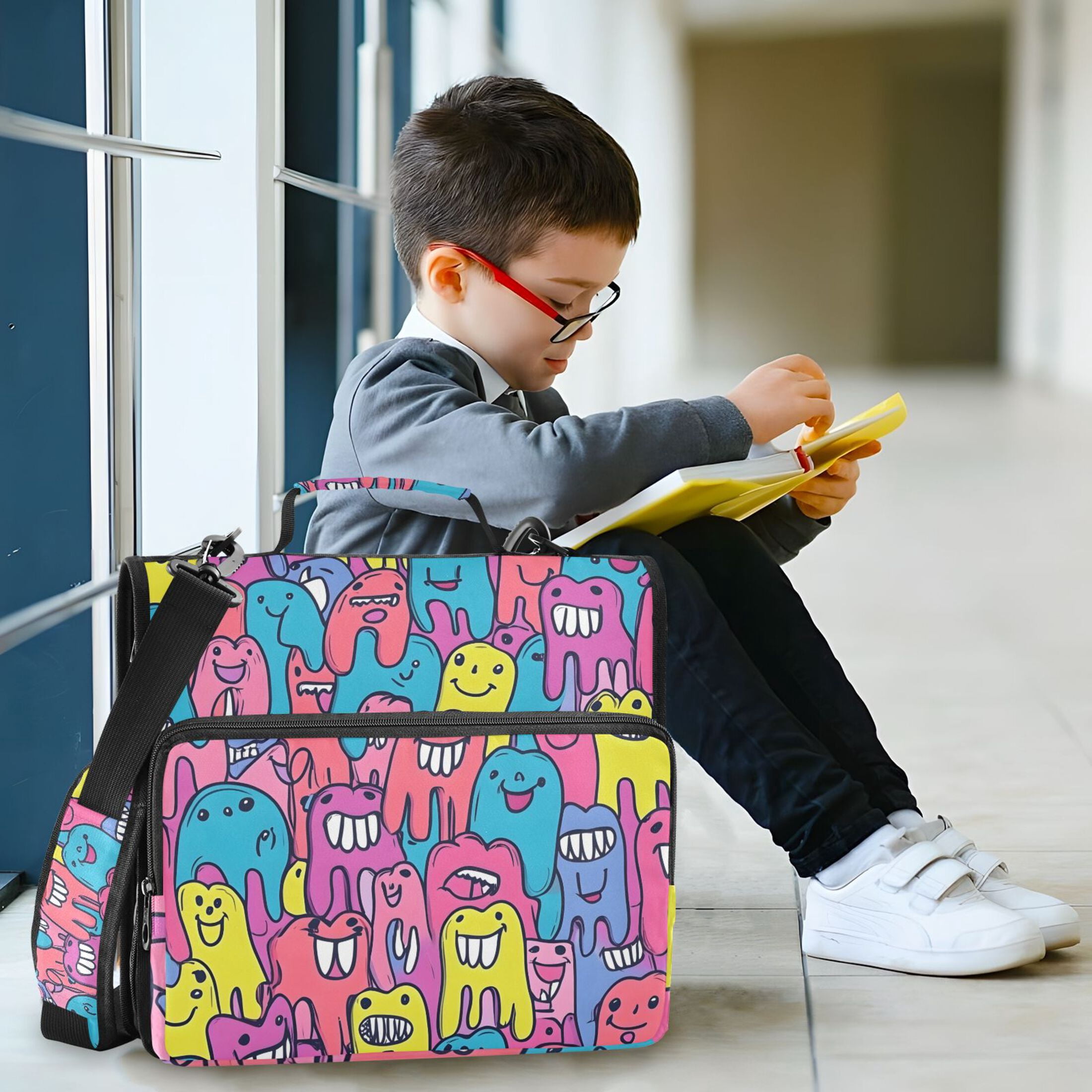 3 Ring Zipper Binder with Shoulder Strap Waterproof Trapper Keeper 2 Inch D-Ring 500 Sheets Capacity Cartoon Teeth