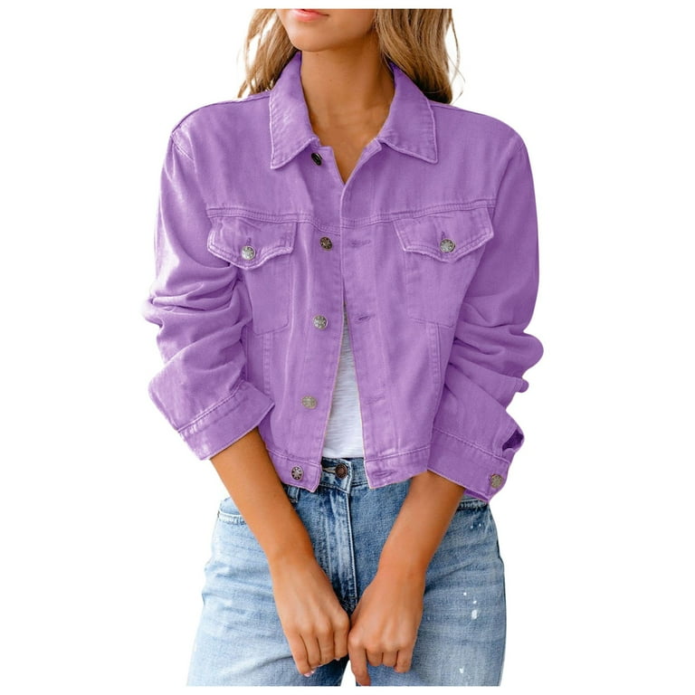 Foraging dimple Fashion Women Solid Color Denim Jacket Jacket Button Casual Denim Clothes Purple Walmart