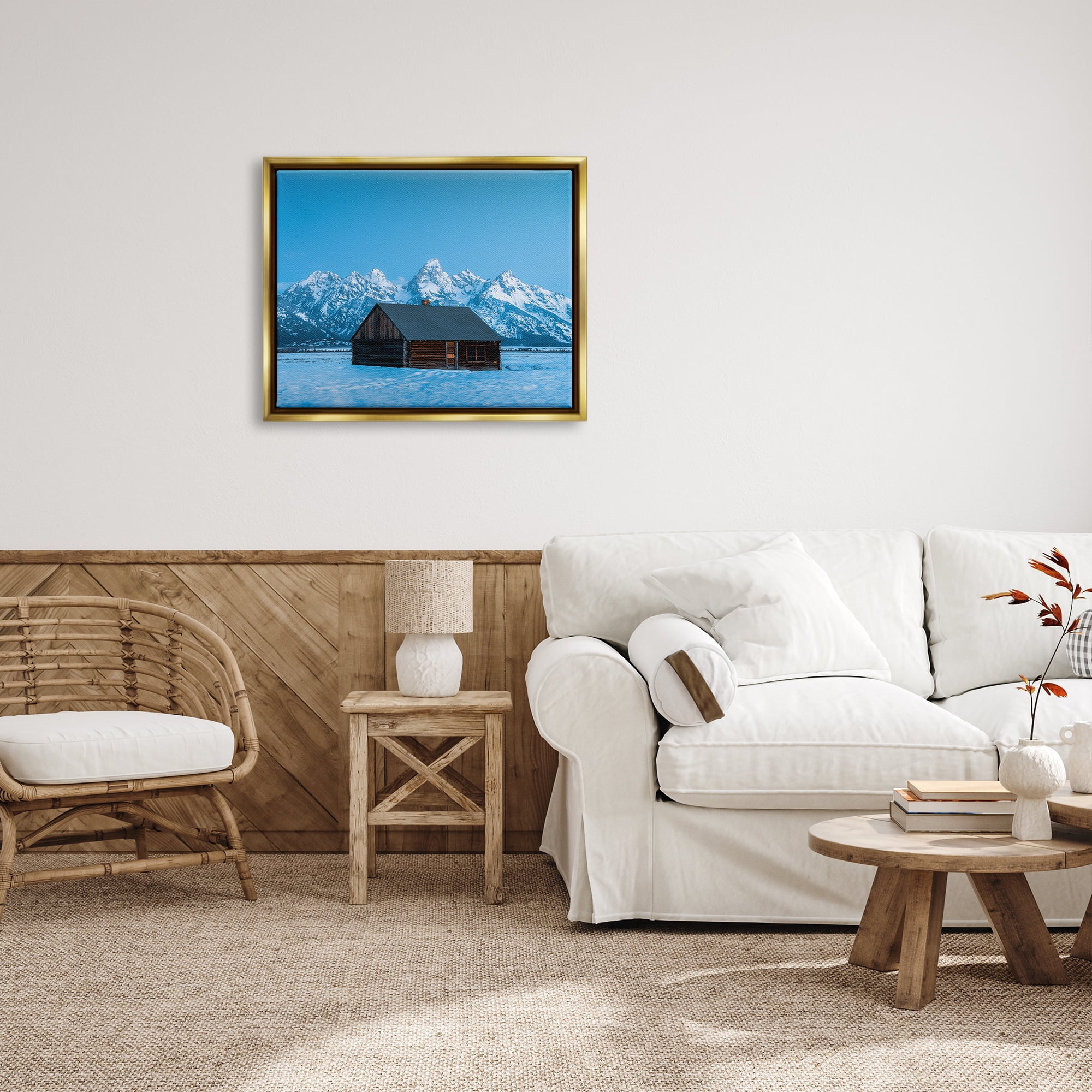 Stupell Industries Log Cabin Mountain View Landscape Photography Gold Floater Framed Canvas Art Print Wall Art, 31 x 25