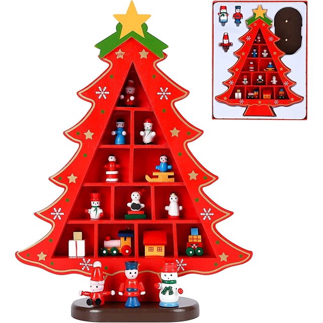 Árbol de Navidad de mesa de madera, árbol de Navidad de escritorio pequeño con adornos en miniatura, decoración de escritorio, escritorio de bricolaje, miniárbol, decoraciones navideñas para H-- Sailing Electrónica