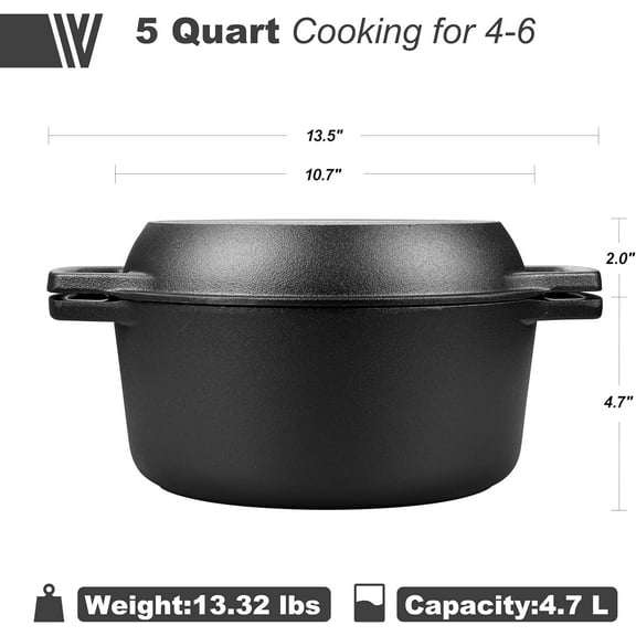Pre-seasoned Cast Iron Double Dutch Oven Pot with Skillet Lid, 5 Quart for Bread Baking, Outdoor Cooking, Campfire Use