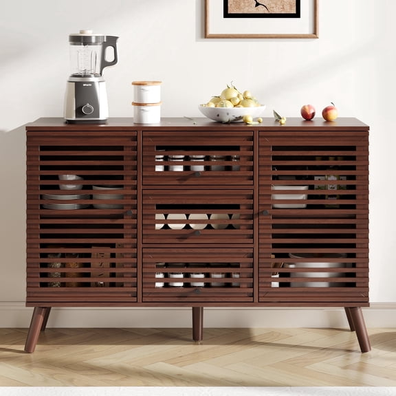 Buffet Cabinet with Slatted Doors, 47" W Sideboard Buffet with Drawers, Modern Mid Century Accent Storage Cabinet for Living Room, Entryway, Kitchen, Walnut