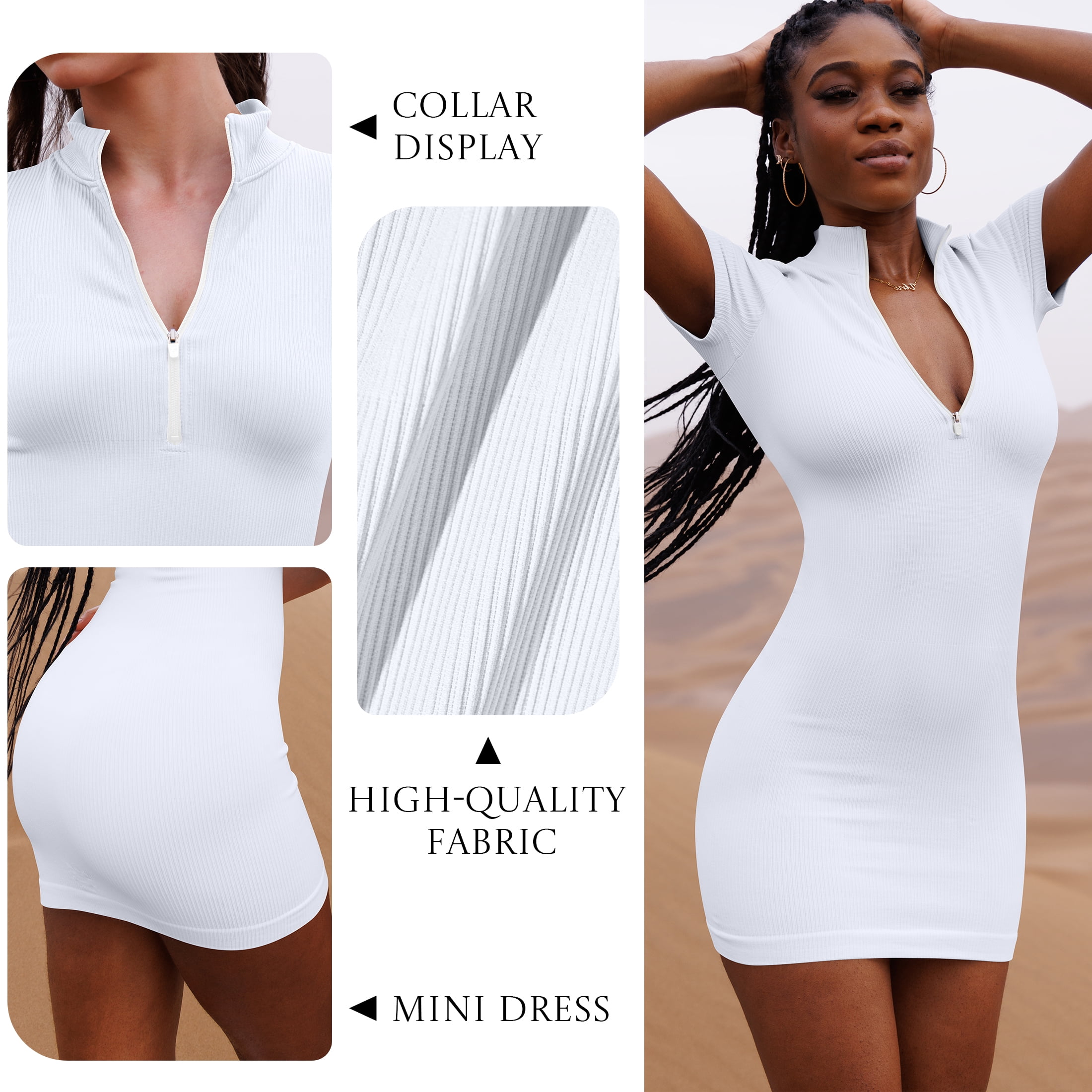 OQQ Women's 2 Piece Dresses Sexy Ribbed Zip Front Short Sleeve Stretch Tops Mini Dress