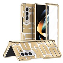 Dteck Slim Case for Samsung Galaxy Z Fold 5 5G, Shockproof Patterned Hinge Protection Plating Clear Hard PC Back Cover with Screen Protector,Gold
