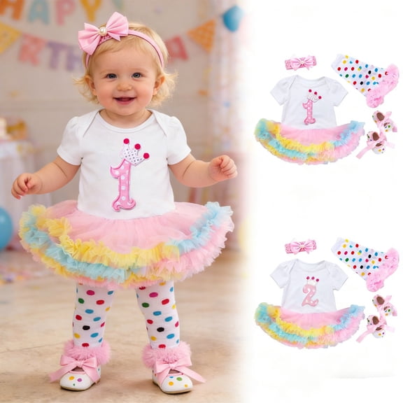 Girls Outfits Birthday Short Sleeve Romper with Skirt and Hair Socks Shoes Set Girls' Clothing Sets White1 12-24M