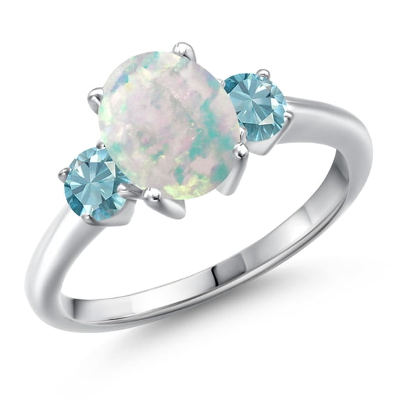 Gem Stone King 925 Sterling Silver Simulated White Opal and Blue Zircon Engagement Ring for Women | 2.00 Cttw | Oval Cabochon 9X7MM | Gemstone October Birthstone | Size 9