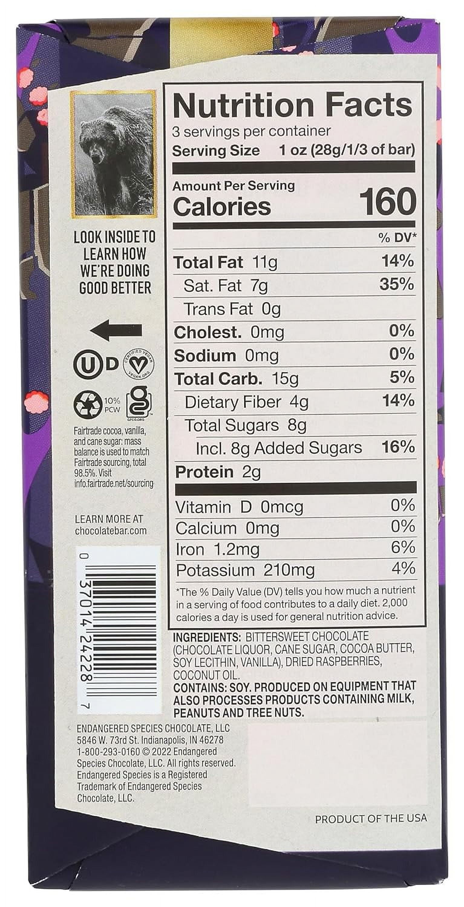 Endangered Species Chocolate Tart Raspberries Dark Chocolate Bar 72 Cocoa 3 oz Pack of 2