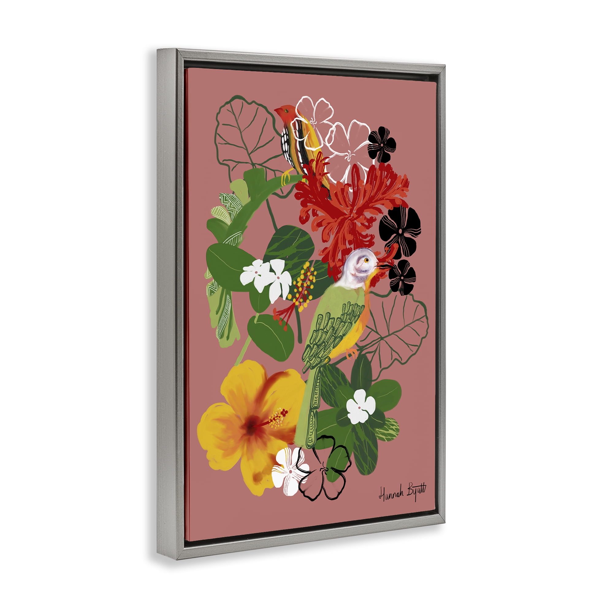 Stupell Industries Gambia Inspired Florals Animals Painting Gray Floater Framed Canvas Art Print Wall Art, 17 x 25