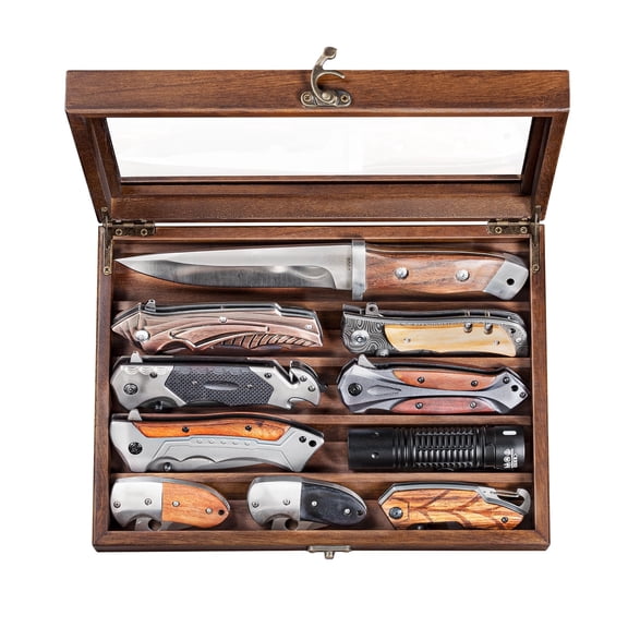 Wooden Knife Display Case, Pocket Knife Organizer for Men's Collection & EDC Gear (Walnut, 1 Pack)