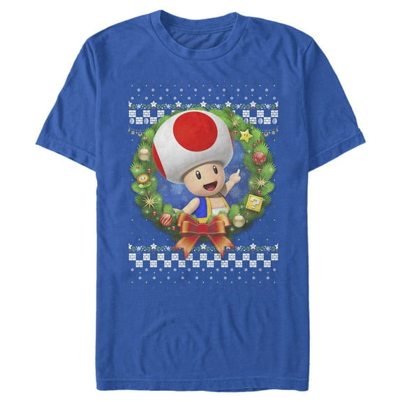 Men's Nintendo Christmas Toad Wreath Graphic Tee Royal Blue Large