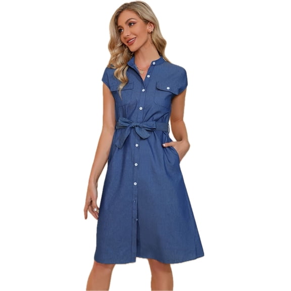 Women's Button Down Belted Denim Dress with Pockets Knee Length Band Collar Cap Sleeves sixty five percent cotton