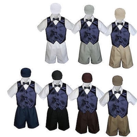 5pc Boy Toddler Formal Navy Blue Vest Bow Tie Black Khaki Brown Hat Shorts S-4T
