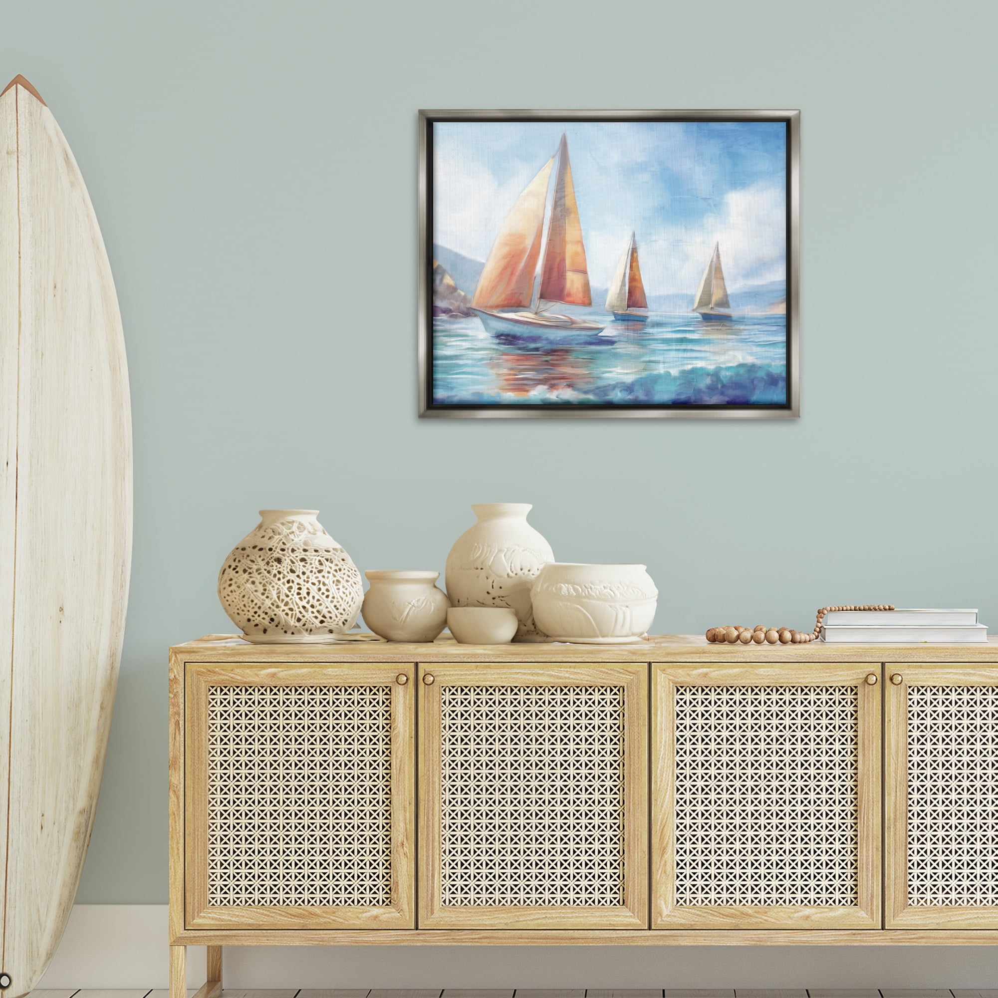 Stupell Industries Three Boats Drifting Coastal Painting Gray Floater Framed Canvas Art Print Wall Art, 31 x 25