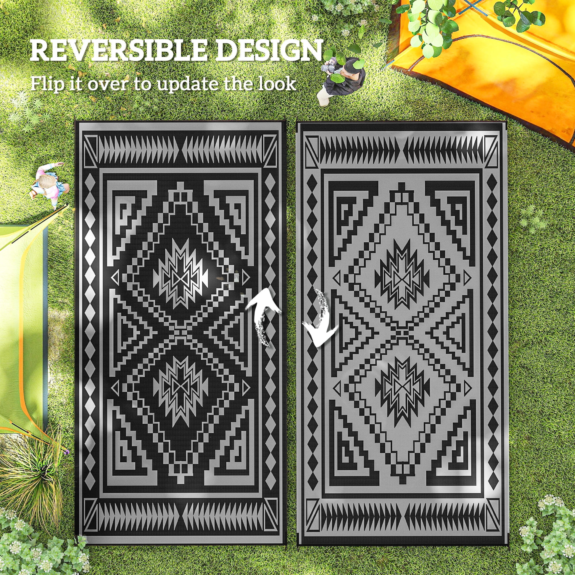 Outsunny Outdoor Patio Rug, Large Camping Carpet with Carrying Bag, 9' x 18' Waterproof Plastic Straw, Reversible, Black & Gray Square Patchwork