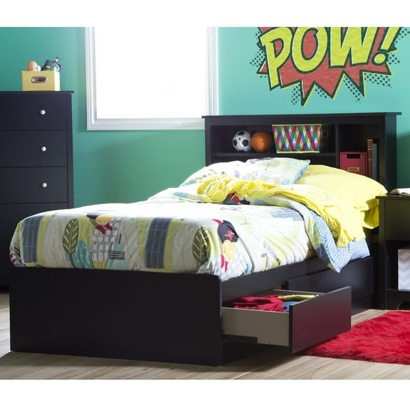 South Shore Vito, Kids Contemporary Twin Mates Bed With Bookcase Headboard Set, Pure Black