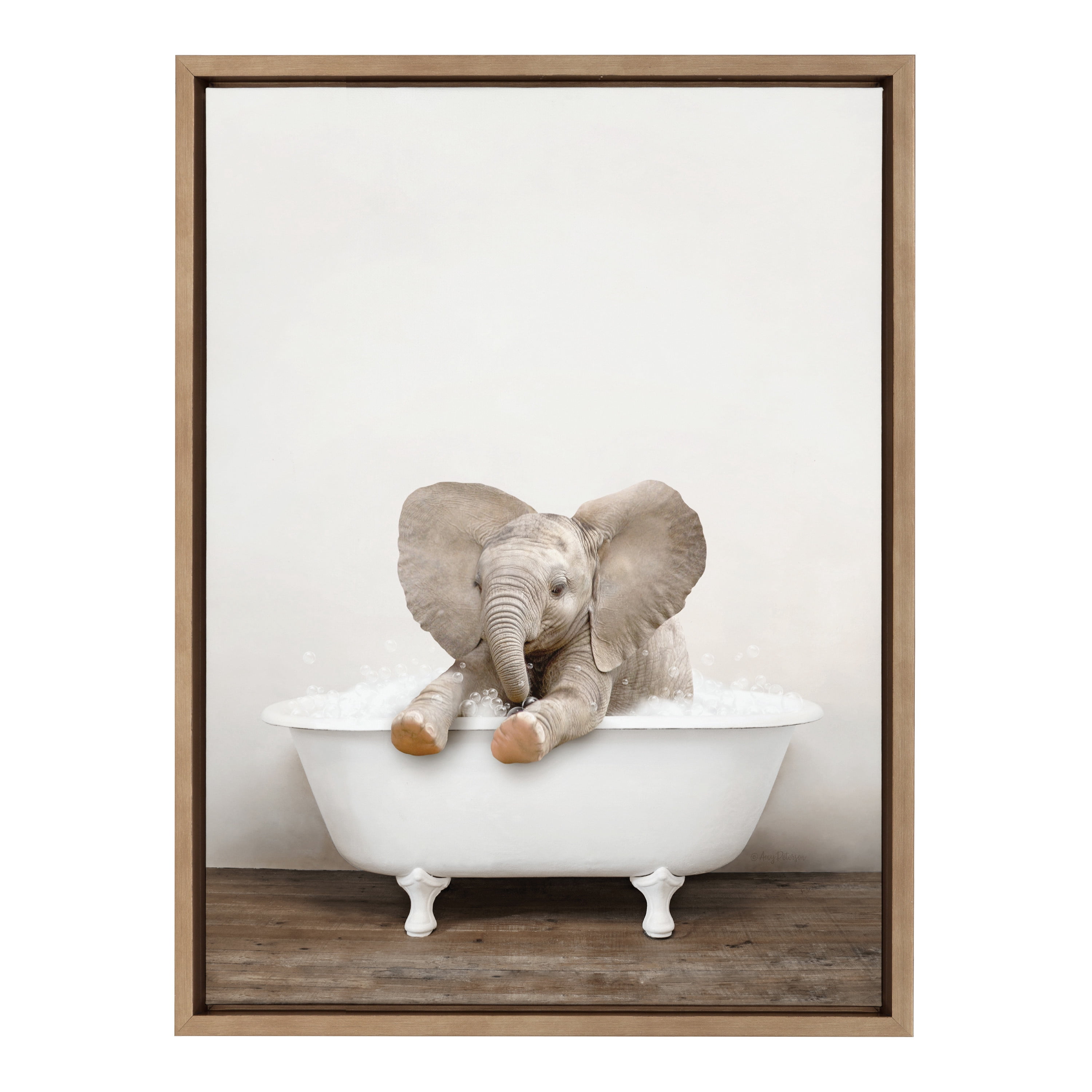 Kate and Laurel Sylvie Baby Elephant No 6 in Rustic Bath Framed Canvas Wall Art by Amy Peterson Art Studio, 18x24 Gold, Modern Fun Decorative Bathtub Wall Art for Home Décor