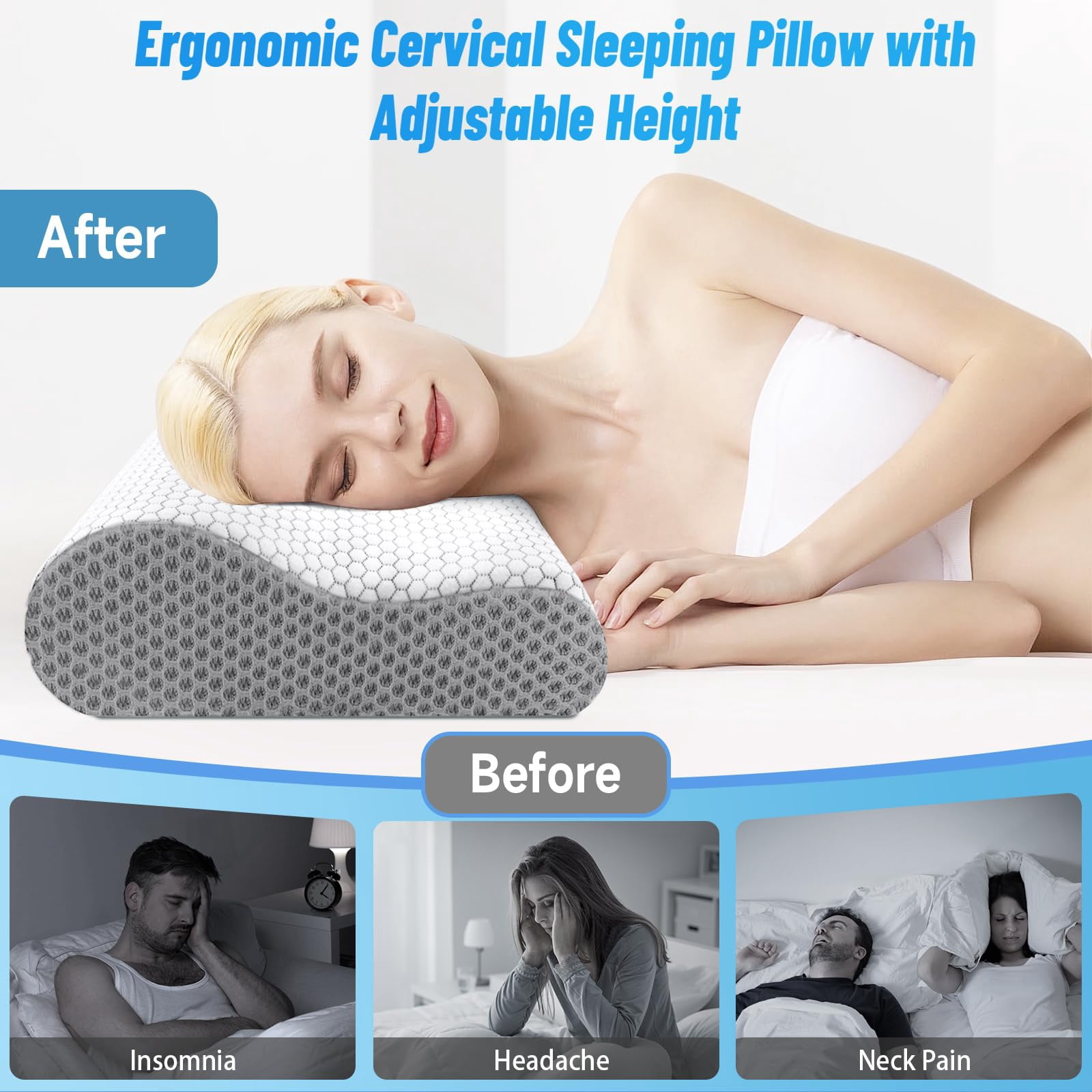 TESFLY Cervical Neck Pillow for Pain Relief, Contour Memory Foam Pillows for Sleeping, Odorless Ergonomic Pillow Adjustable Orthopedic Cooling Pillow Bed Pillow