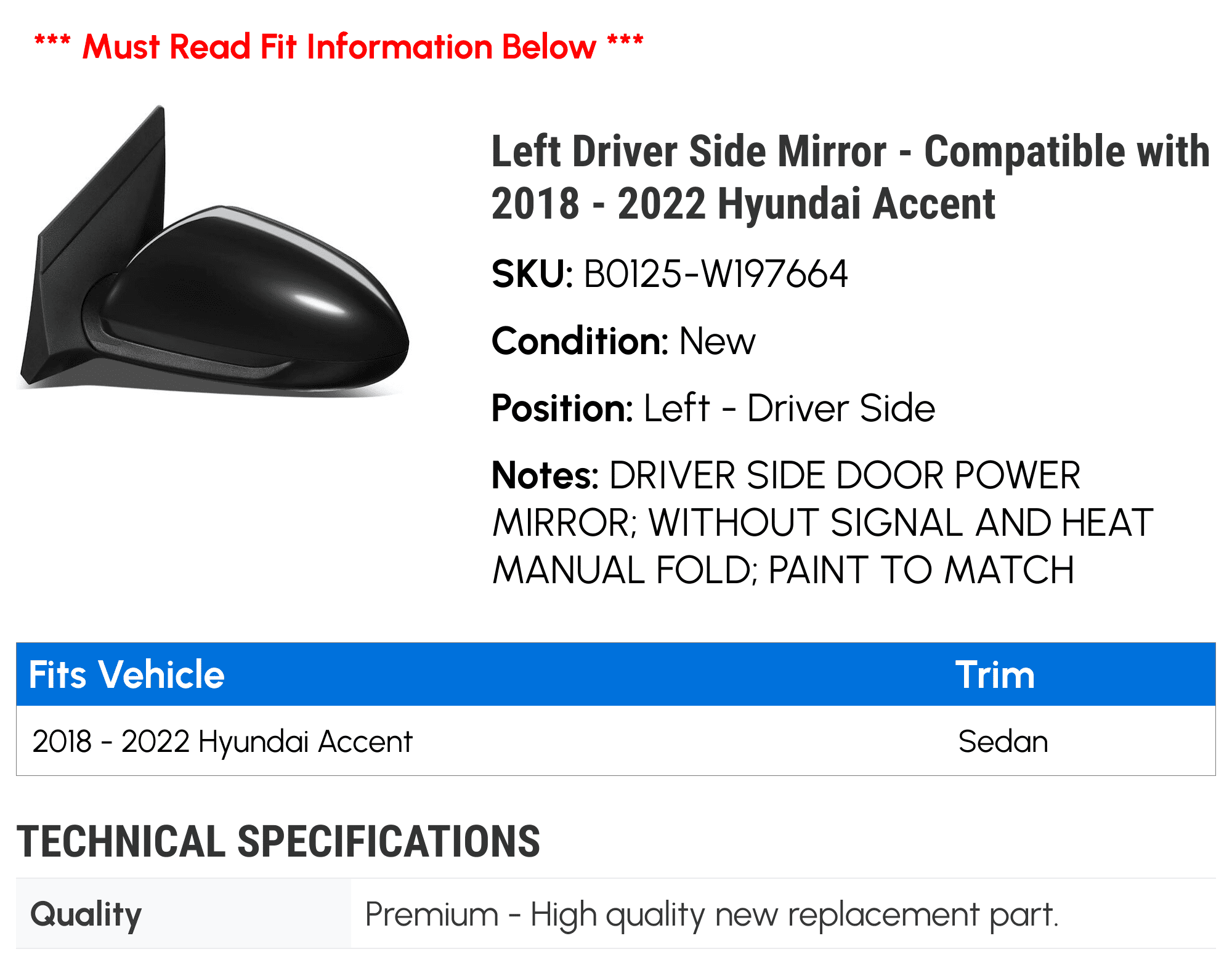 Left Driver Side Mirror - Compatible with 2018 - 2022 Hyundai Accent 2019 2020 2021