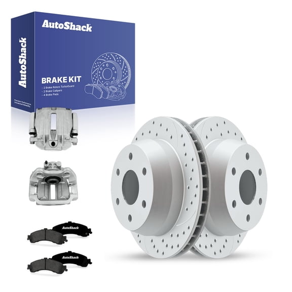 AutoShack Rear Vented Drilled & Slotted Coated Brake Rotors Silver Matte Finish   Premium Ceramic Pads   Calipers 8-PC Brake Kit Replacement for 2005-2006 GMC Sierra 1500 TurboGuard 12.99" (330 mm)